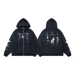 ERD Cursive Script Figure Graphic Full-Zip Hoodie (Washed Black)