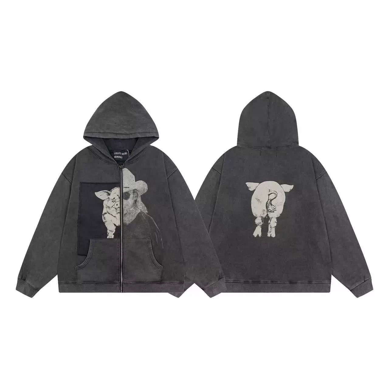 ERD Pig & Cowboy Graphic Full-Zip Hoodie (Washed Black)