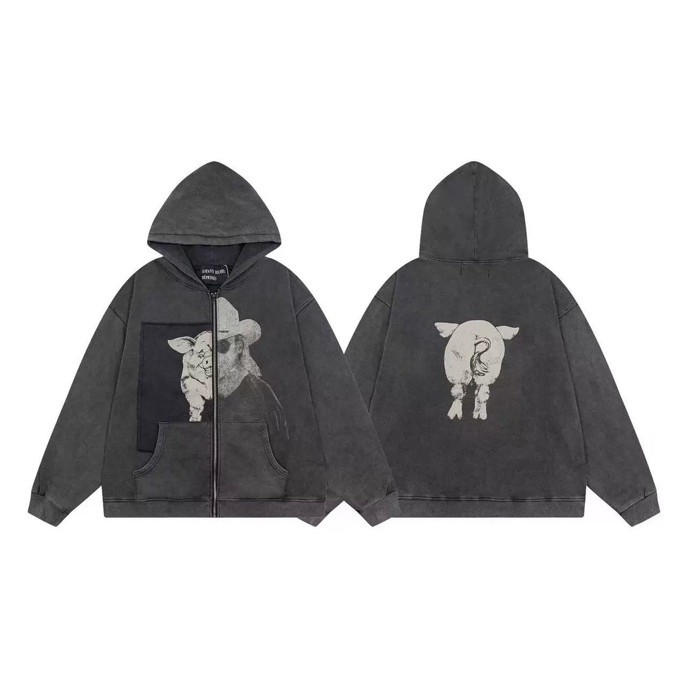 ERD Pig & Cowboy Graphic Full-Zip Hoodie (Washed Black)
