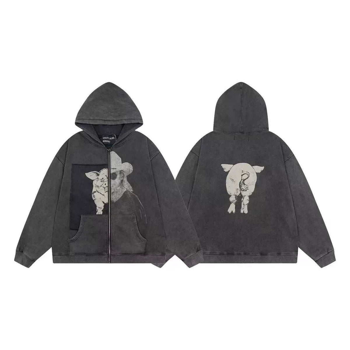 ERD Pig & Cowboy Graphic Full-Zip Hoodie (Washed Black)