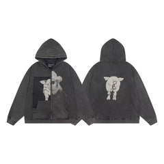 ERD Pig & Cowboy Graphic Full-Zip Hoodie (Washed Black)