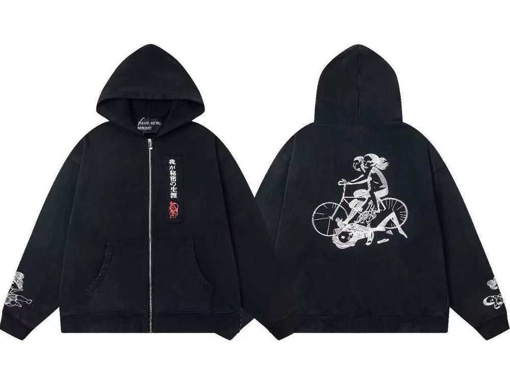ERD Japanese Typography Patch & Bicycle Graphic Full-Zip Hoodie (Black)