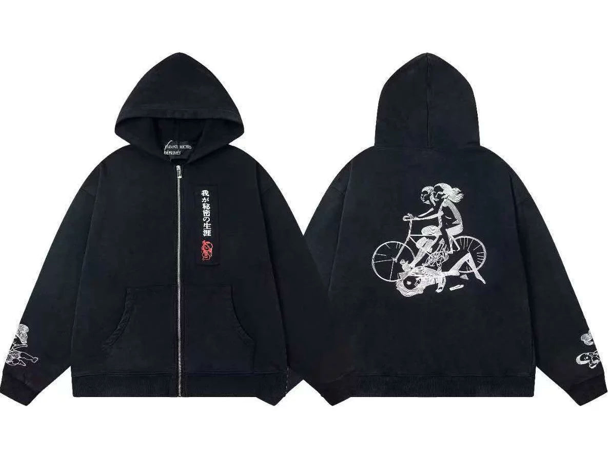 ERD Japanese Typography Patch & Bicycle Graphic Full-Zip Hoodie (Black)