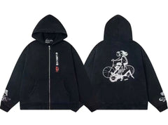 ERD Japanese Typography Patch & Bicycle Graphic Full-Zip Hoodie (Black)