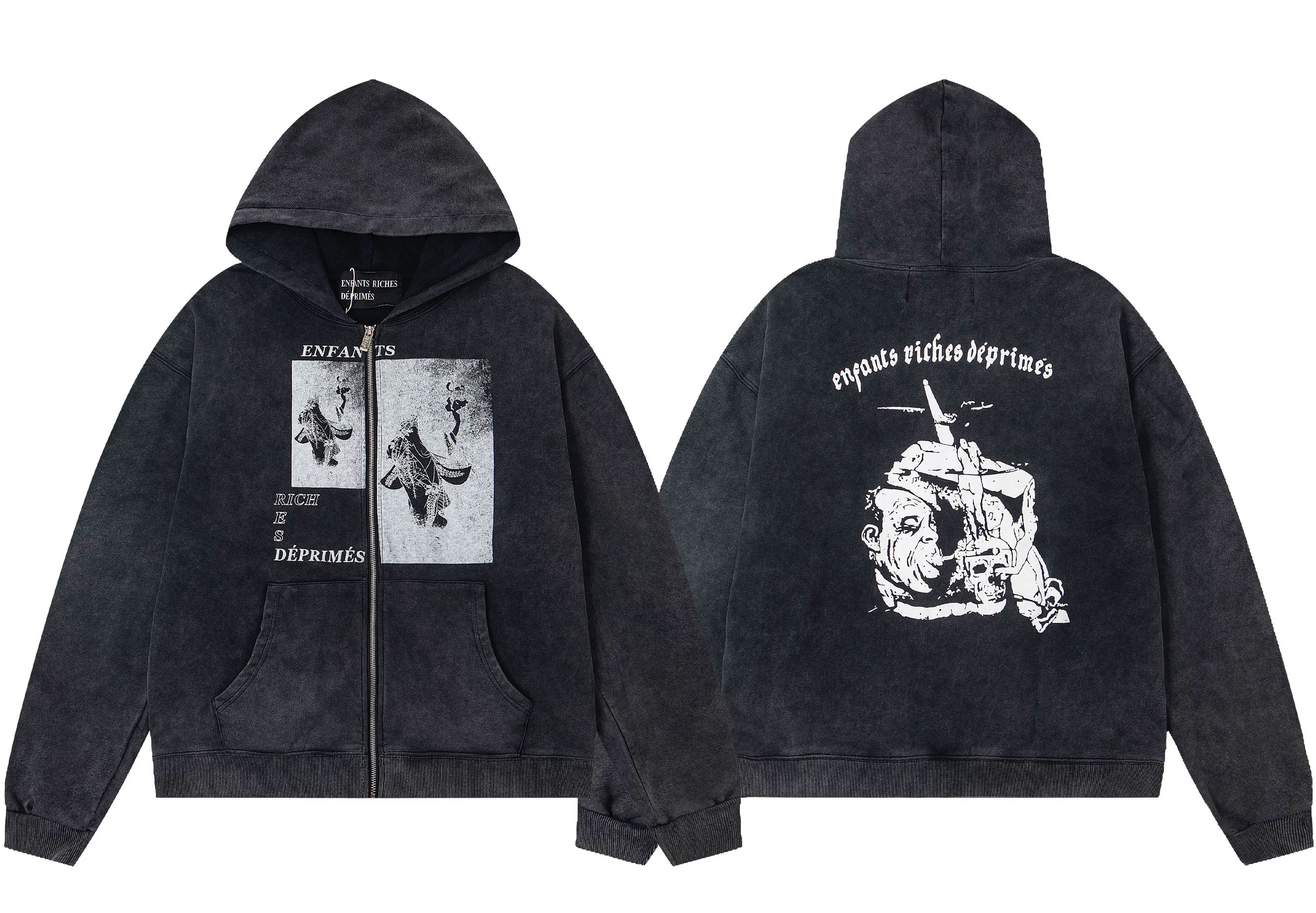 ERD Logo Sketch Print Full-Zip Hoodie (Washed Black)