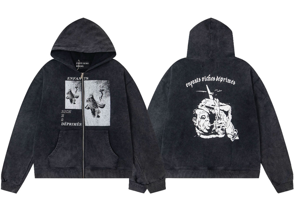 ERD Logo Sketch Print Full-Zip Hoodie (Washed Black)
