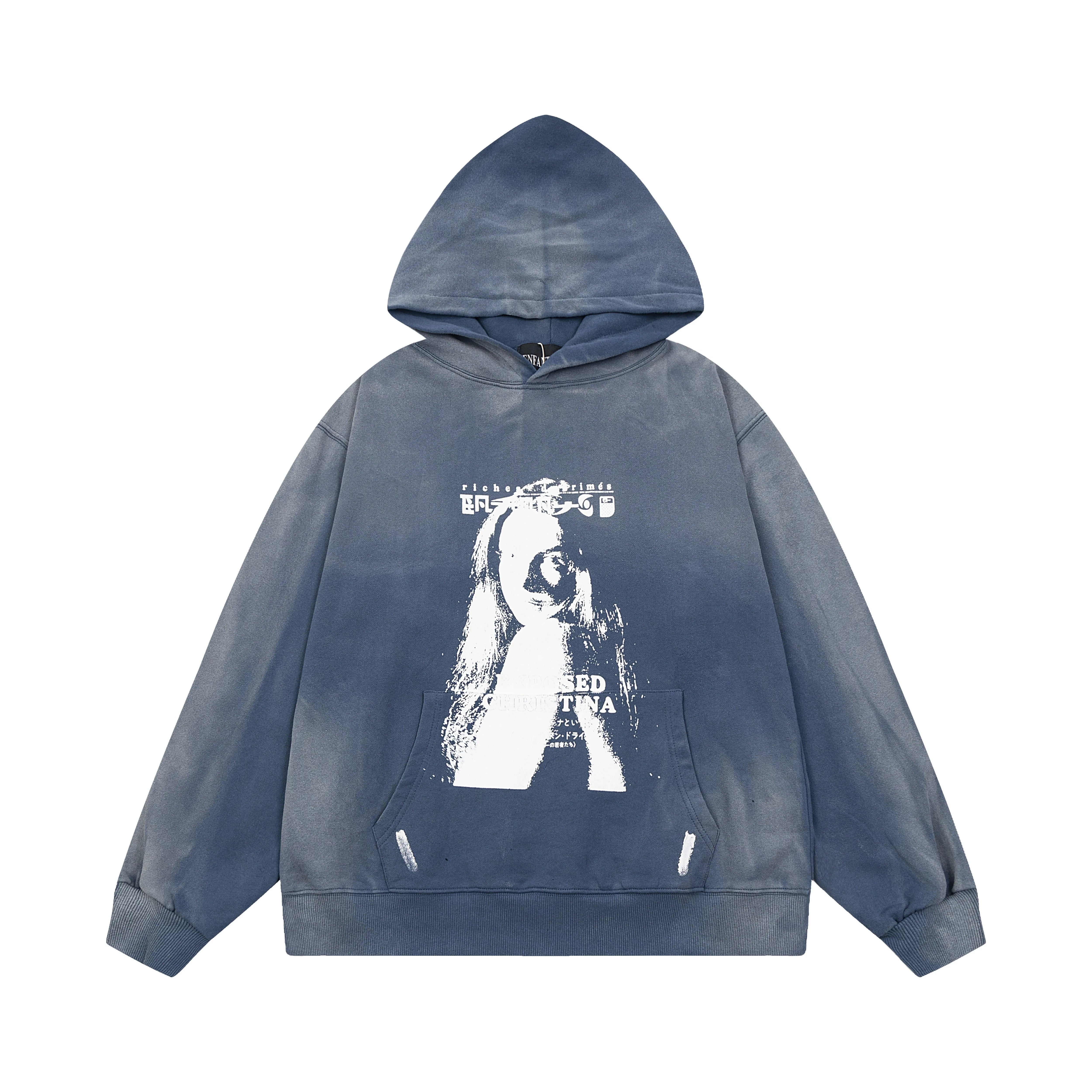 ERD Monochromatic Portrait Graphic Pullover Hoodie (Washed Slate Blue)