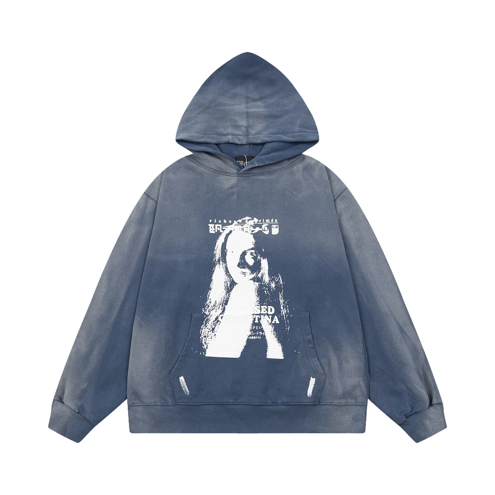 ERD Monochromatic Portrait Graphic Pullover Hoodie (Washed Slate Blue)