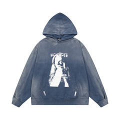 ERD Monochromatic Portrait Graphic Pullover Hoodie (Washed Slate Blue)