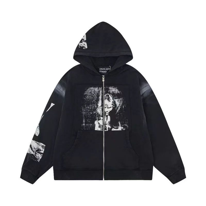 ERD Cross Graphic Full-Zip Hoodie (Washed Black)