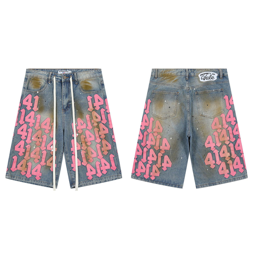 Vale Forever "414" Pink Graffiti Distressed Denim Shorts (Washed Blue)
