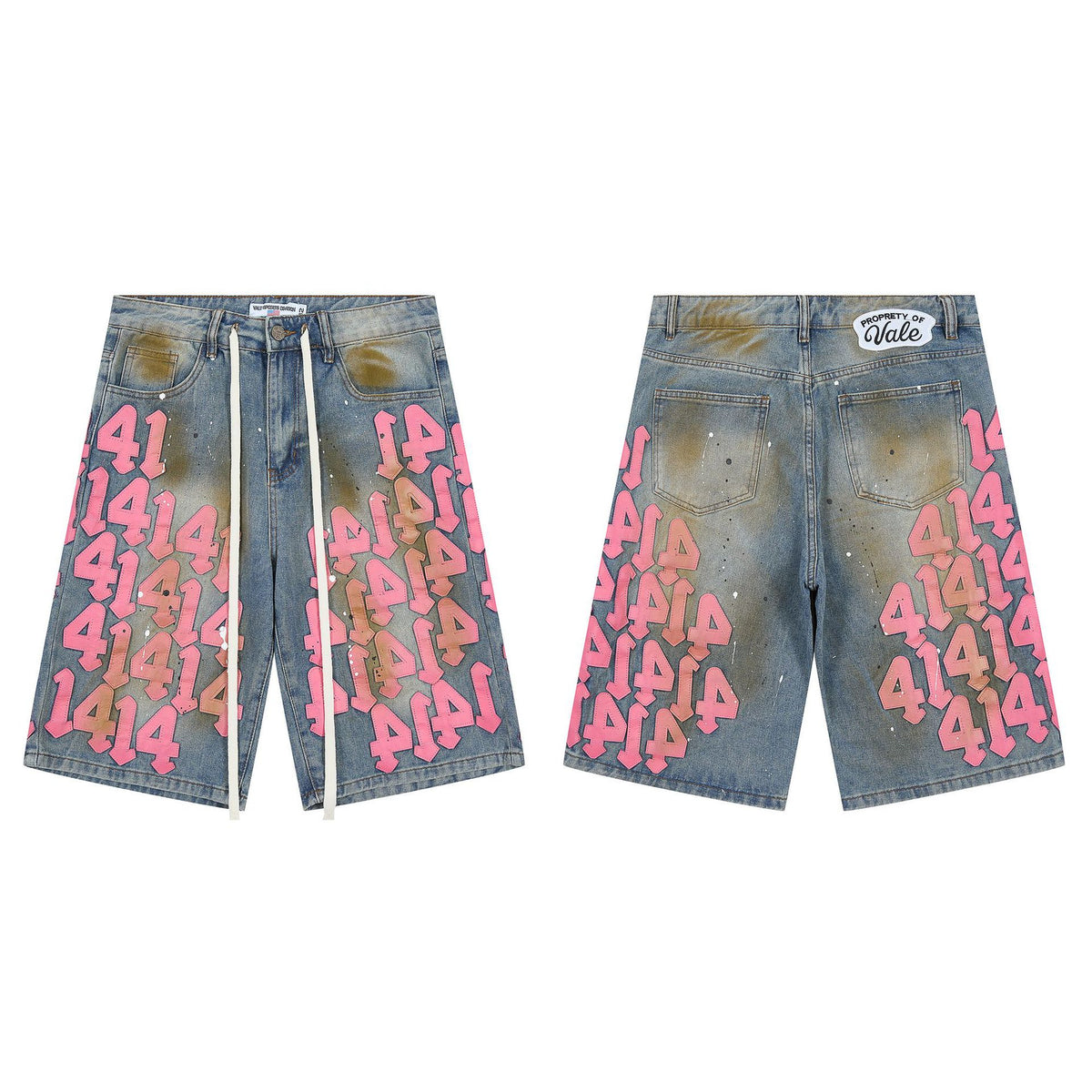 Vale Forever "414" Pink Graffiti Distressed Denim Shorts (Washed Blue)