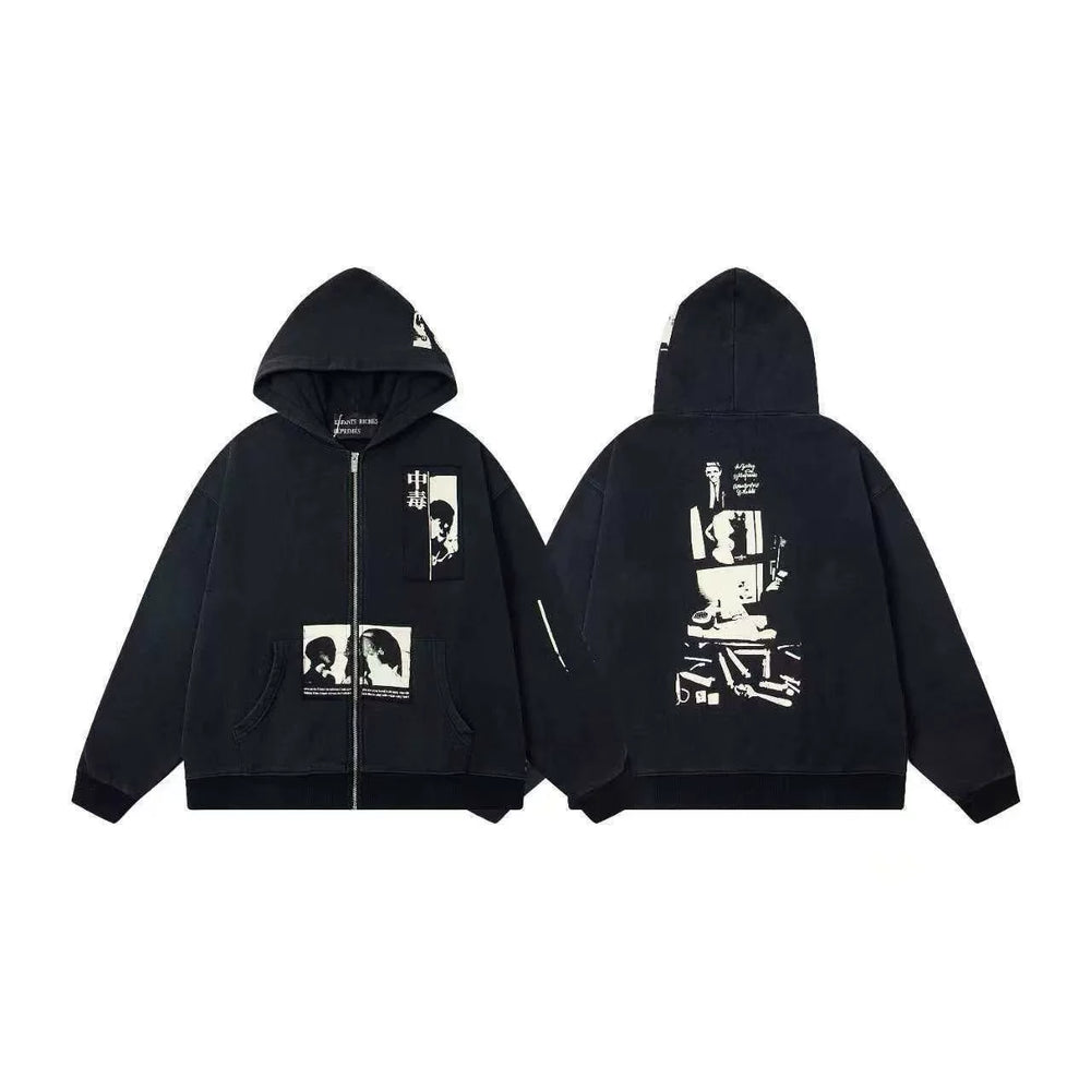 ERD Monochromatic Collage Full-Zip Hoodie (Black)