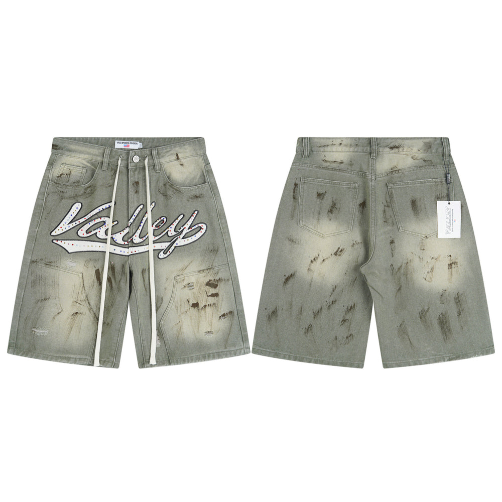 Vale Forever "Valley" Cursive Graphic Distressed Denim Shorts (Washed Olive Green)