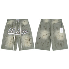 Vale Forever "Valley" Cursive Graphic Distressed Denim Shorts (Washed Olive Green)