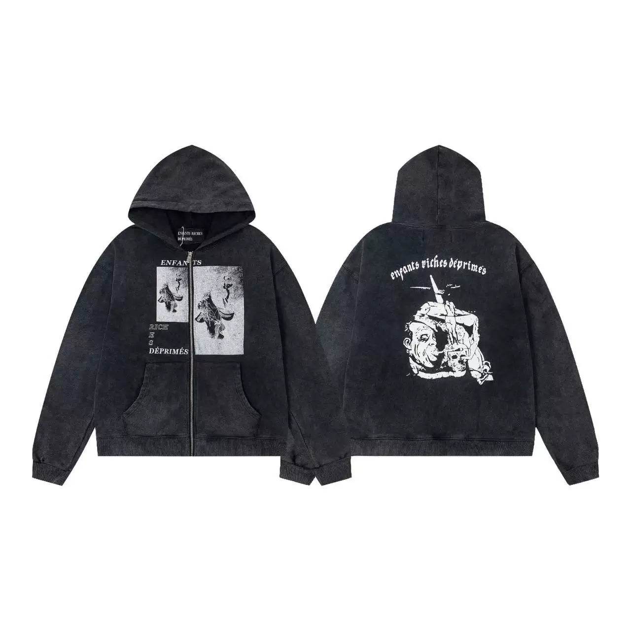 ERD Vintage Graphic Zip Up Hoodie Black
