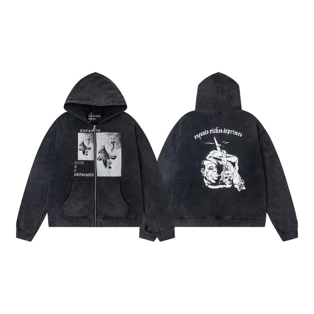 ERD Vintage Graphic Zip Up Hoodie Black