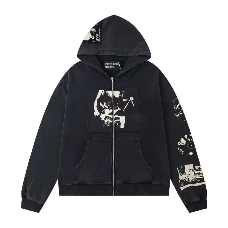 ERD Figure Graphic Patch Full-Zip Hoodie (Washed Black)