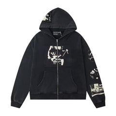 ERD Figure Graphic Patch Full-Zip Hoodie (Washed Black)