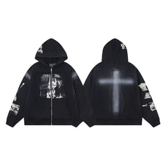 ERD Cross Graphic Full-Zip Hoodie (Washed Black)
