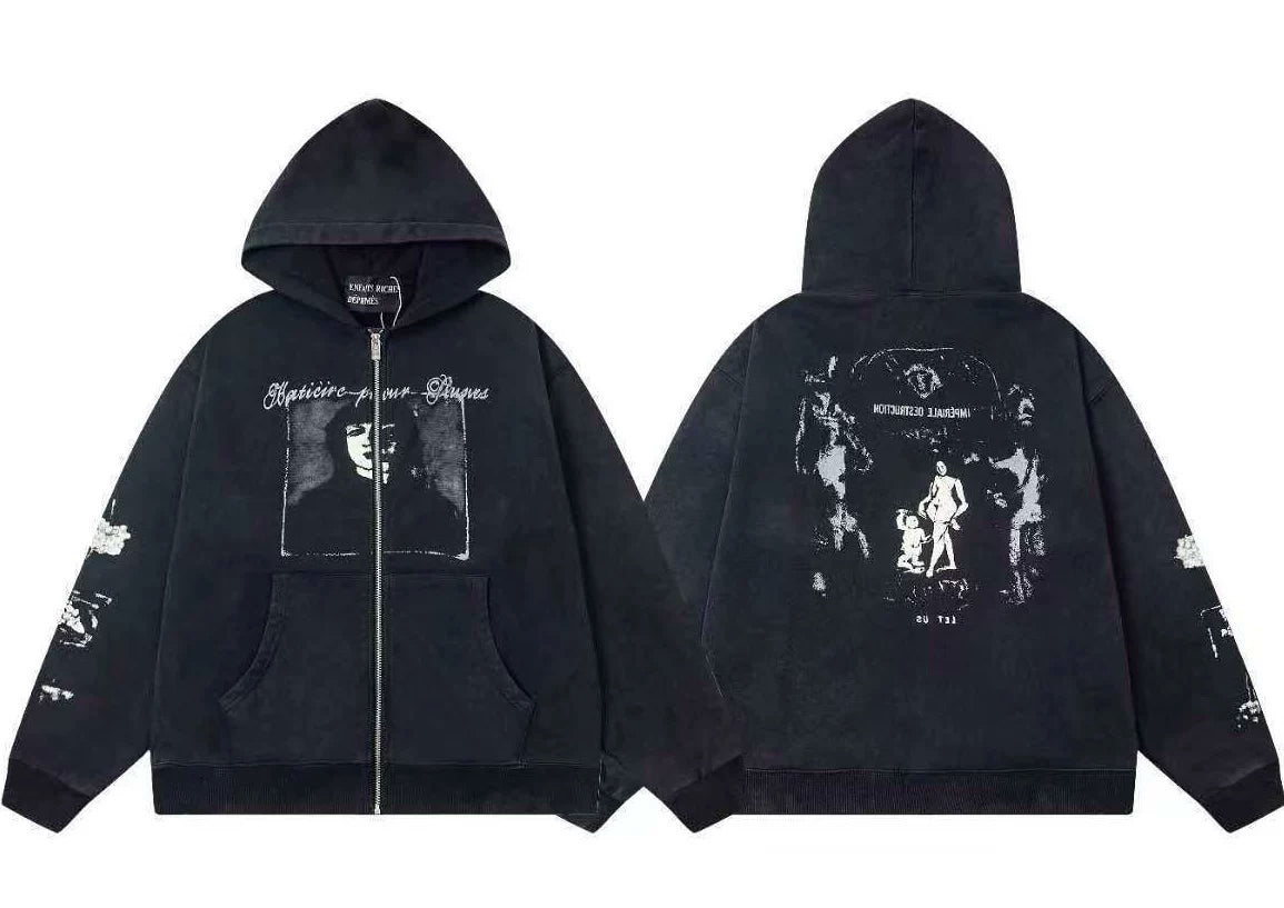 ERD Cursive Text Portrait Full-Zip Hoodie (Washed Black)
