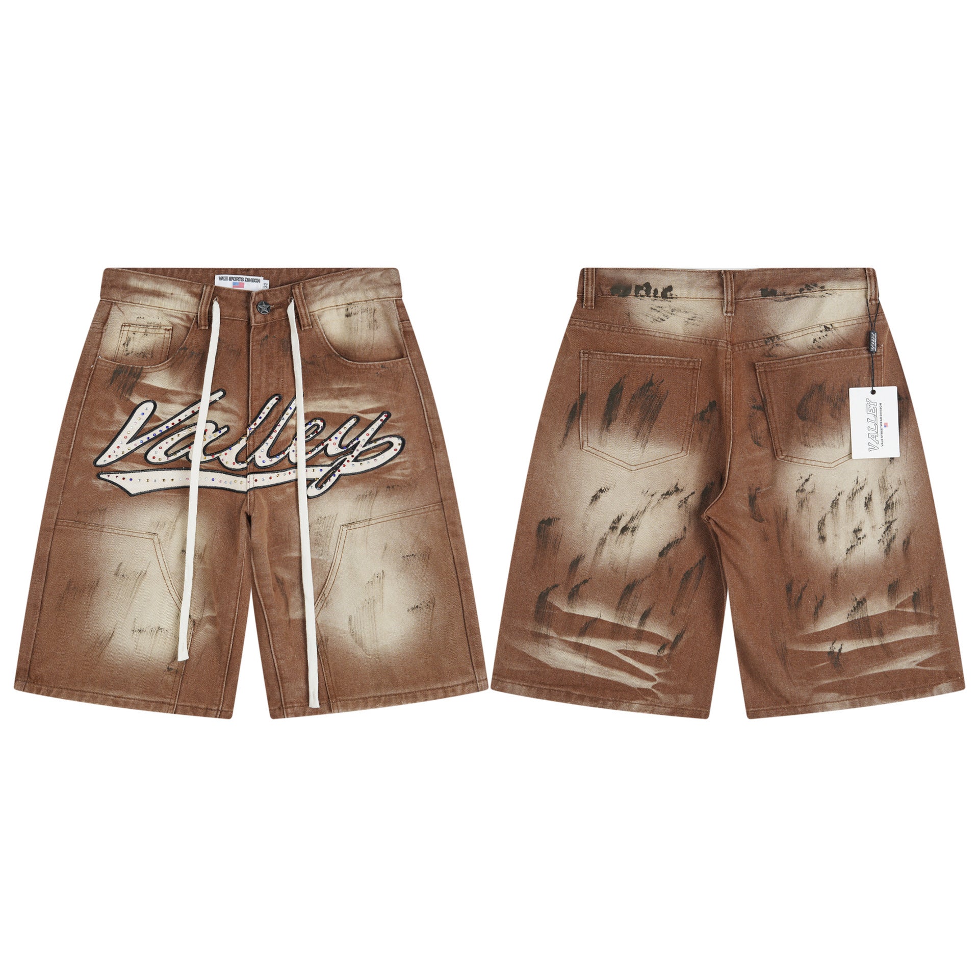 Vale Forever "Valley" Cursive Graphic Distressed Denim Shorts (Washed Brown)