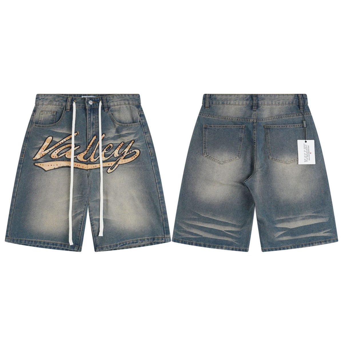 Vale Forever "Valley" Cursive Graphic Denim Shorts (Washed Blue)