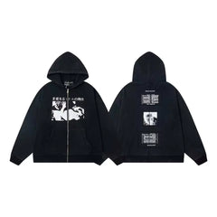 ERD Japanese Typography Graphic Full-Zip Hoodie (Black)