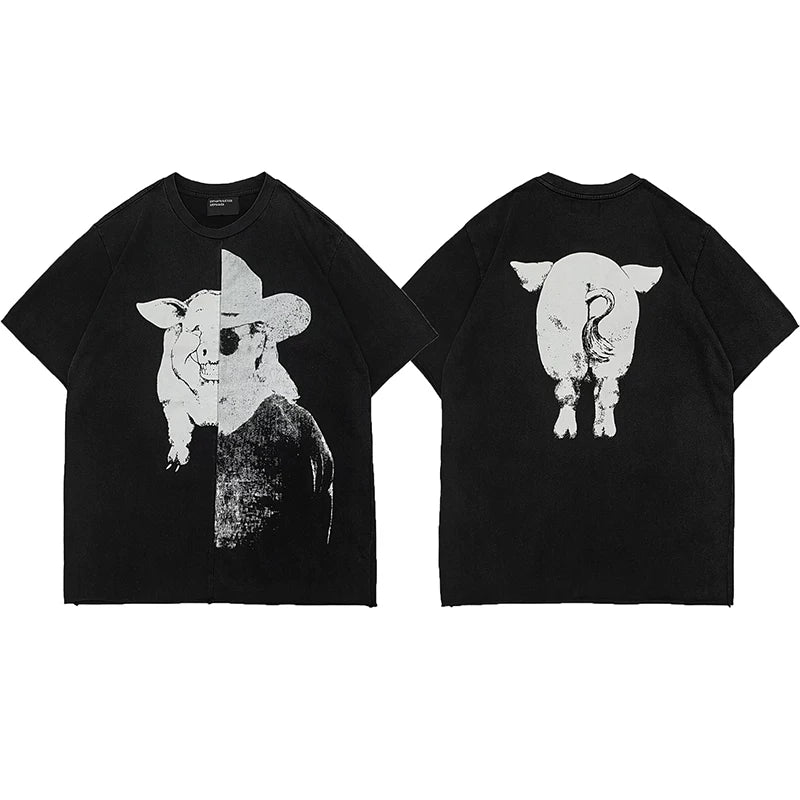 ERD Split Pig Cowboy Graphic Short Sleeve T-Shirt (Black)