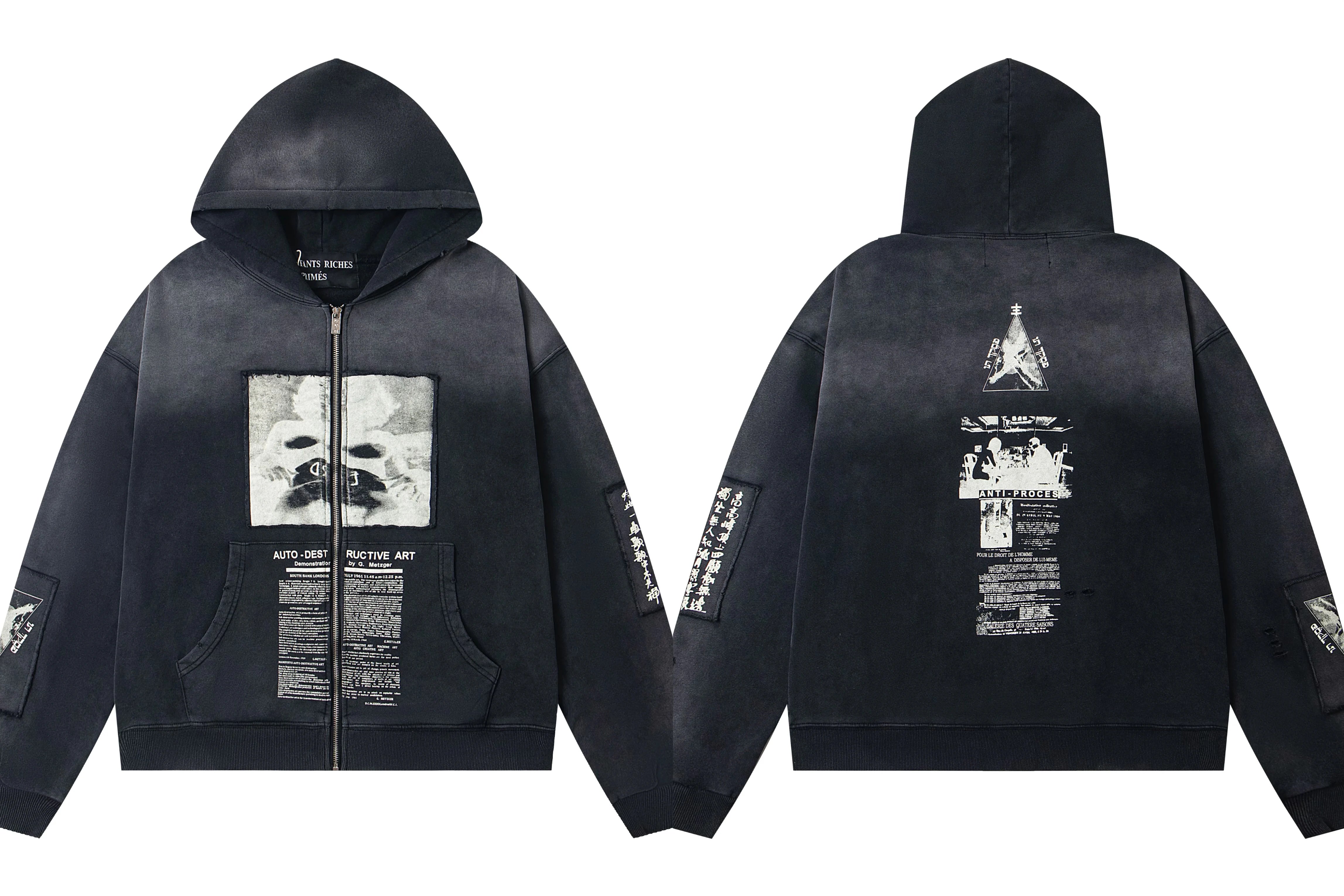 ERD Newspaper & Face Graphic Full-Zip Hoodie (Washed Black)