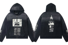 ERD Newspaper & Face Graphic Full-Zip Hoodie (Washed Black)