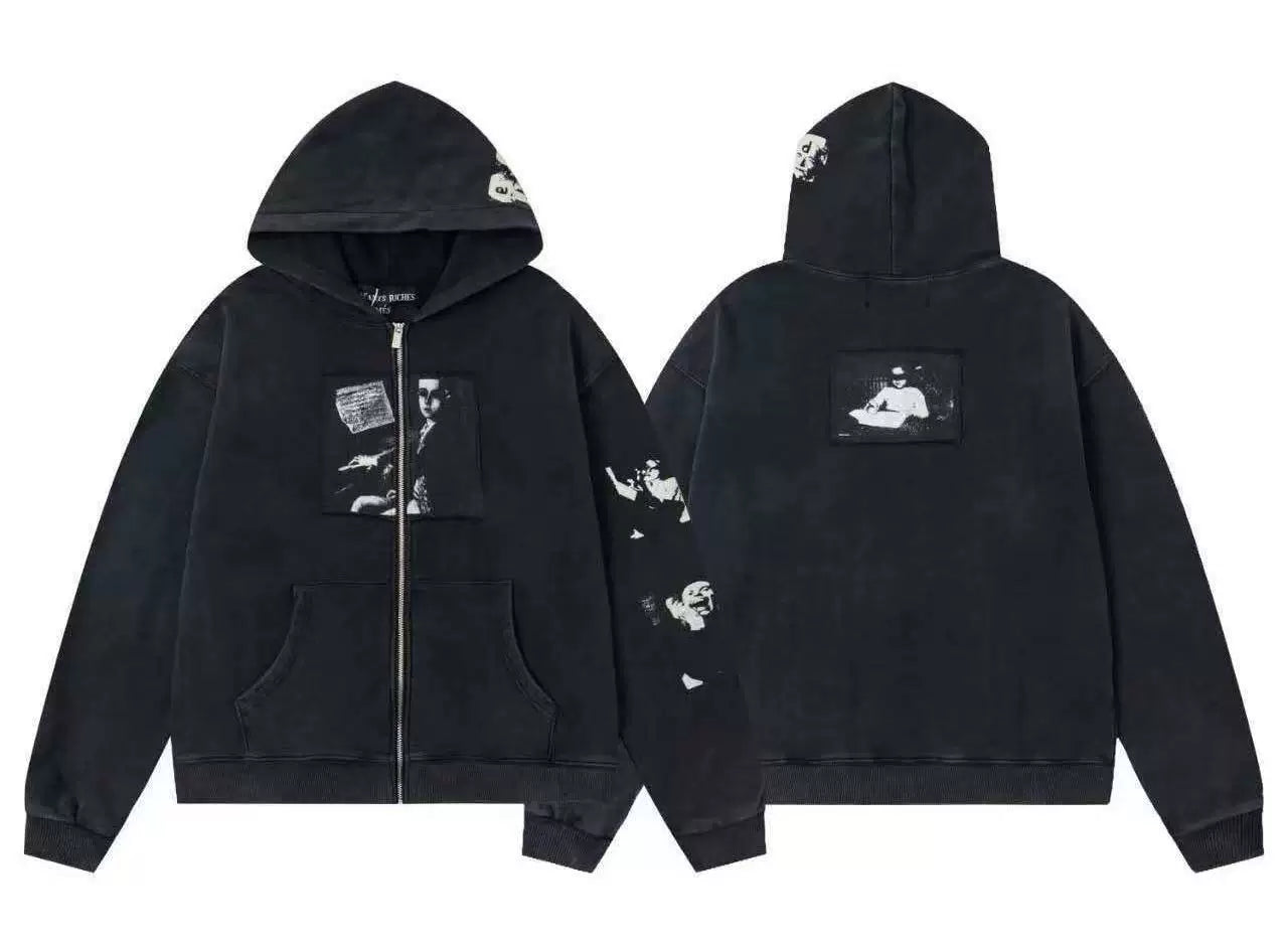 ERD Figure Portrait & Sleeve Graphic Full-Zip Hoodie (Washed Black)