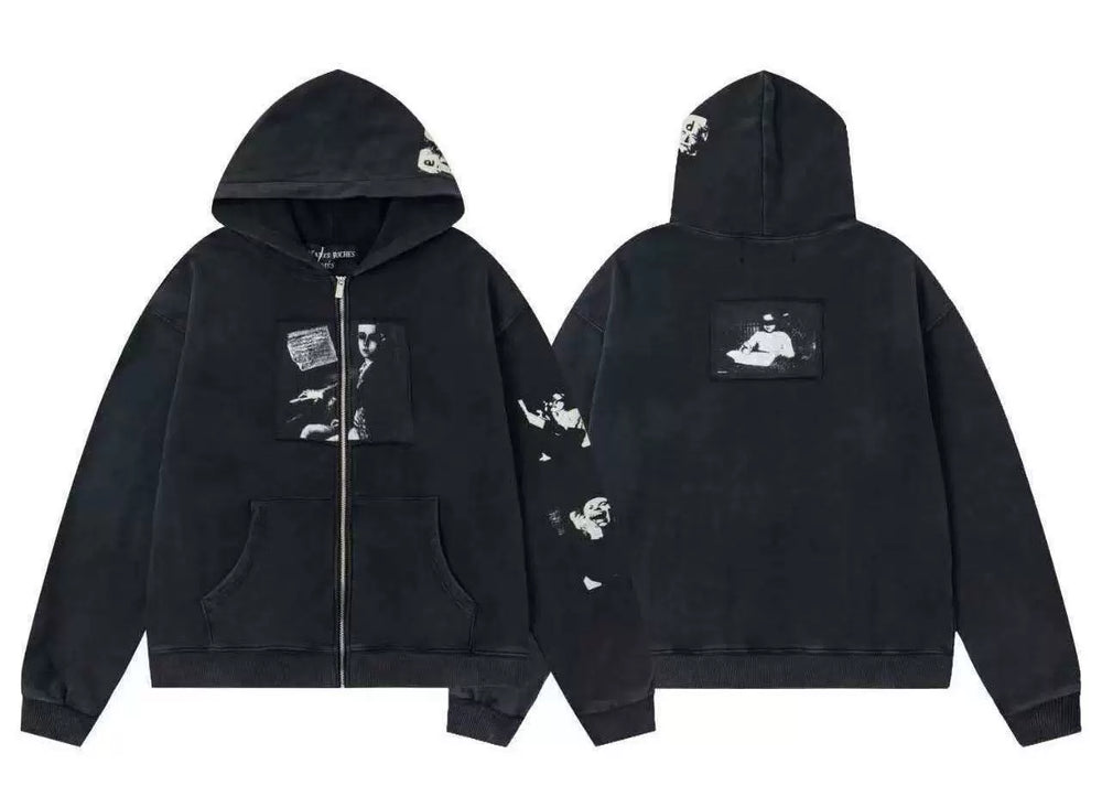 ERD Figure Portrait & Sleeve Graphic Full-Zip Hoodie (Washed Black)