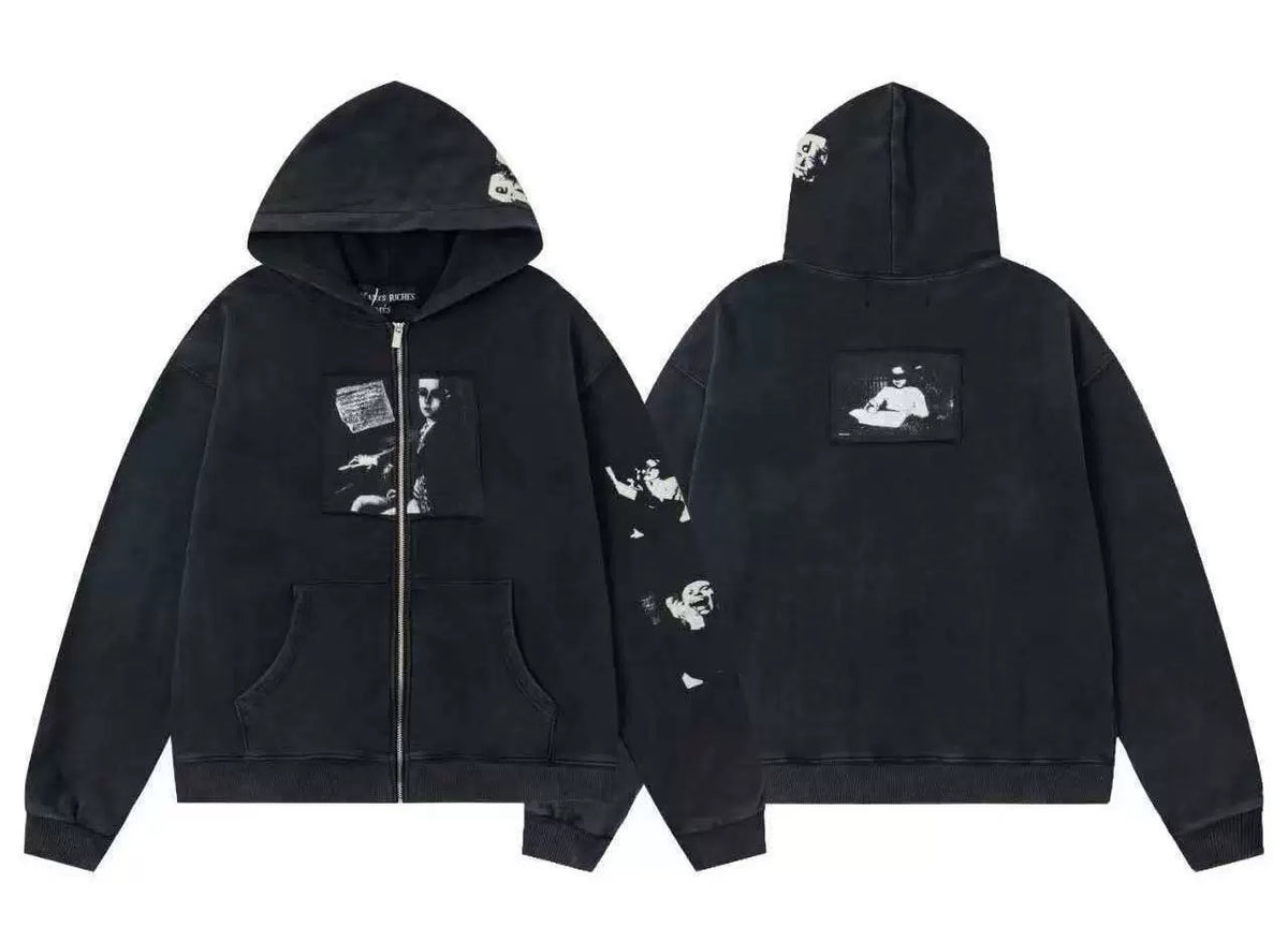 ERD Figure Portrait & Sleeve Graphic Full-Zip Hoodie (Washed Black)