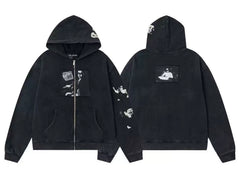 ERD Figure Portrait & Sleeve Graphic Full-Zip Hoodie (Washed Black)