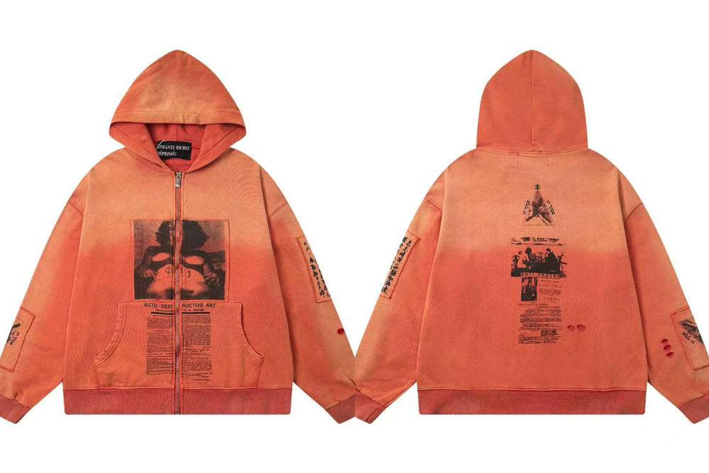 ERD Vintage Graphic Zip Up Hoodie Orange
