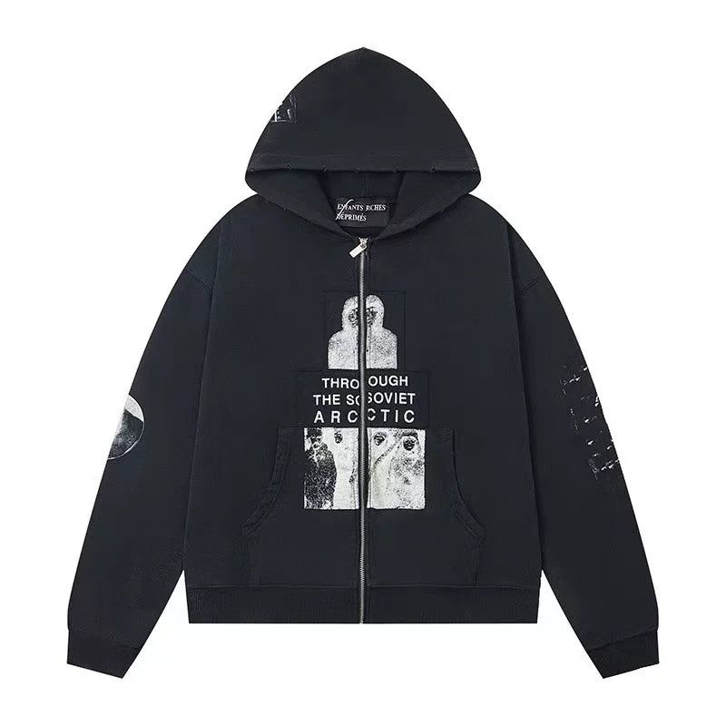 ERD Through The Soviet Arctic Graphic Full-Zip Hoodie (Black)