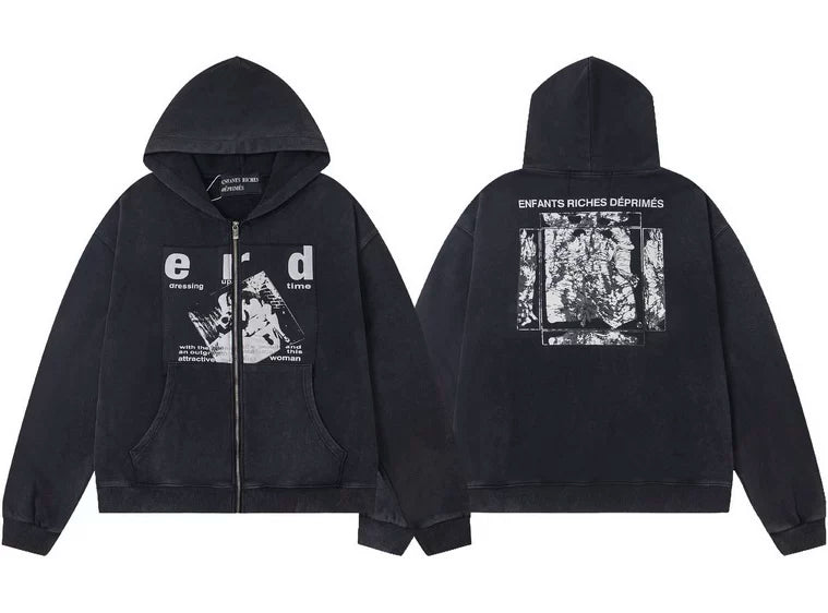 ERD "Missing Time" Graphic Full-Zip Hoodie (Washed Black)