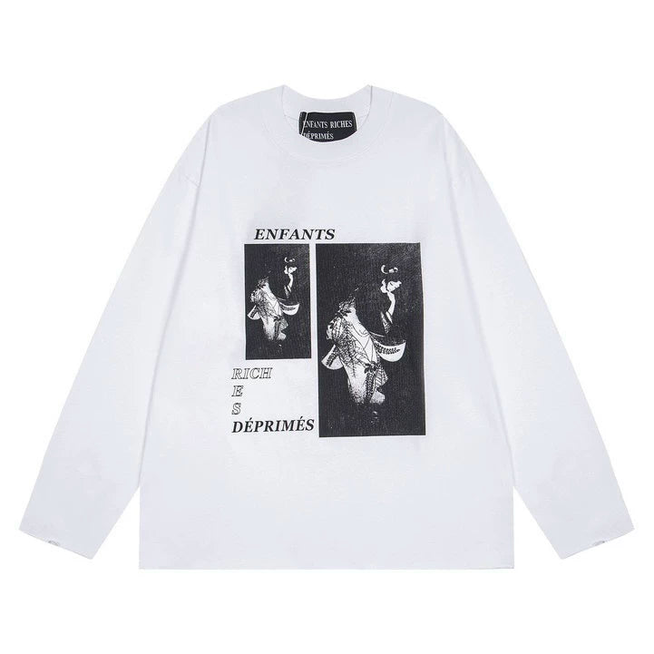 ERD Dual-Panel Graphic Long Sleeve T-Shirt (White)
