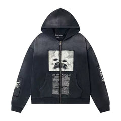 ERD Figure Graphic Washed Full-Zip Hoodie (Faded Black)