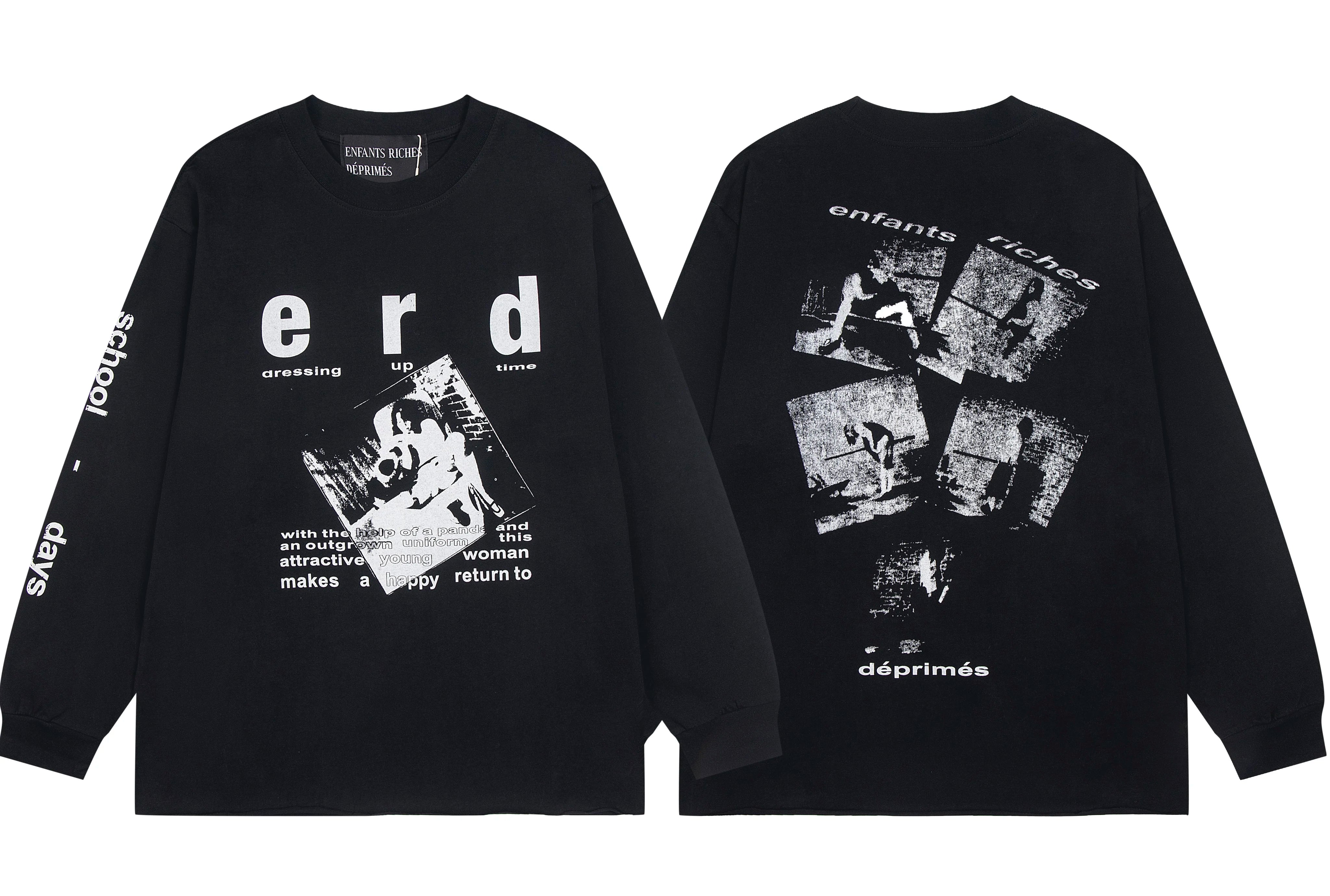 ERD Multi-Graphic Printed Long Sleeve T-Shirt (Black)