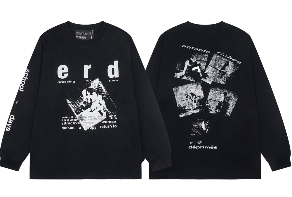 ERD Multi-Graphic Printed Long Sleeve T-Shirt (Black)