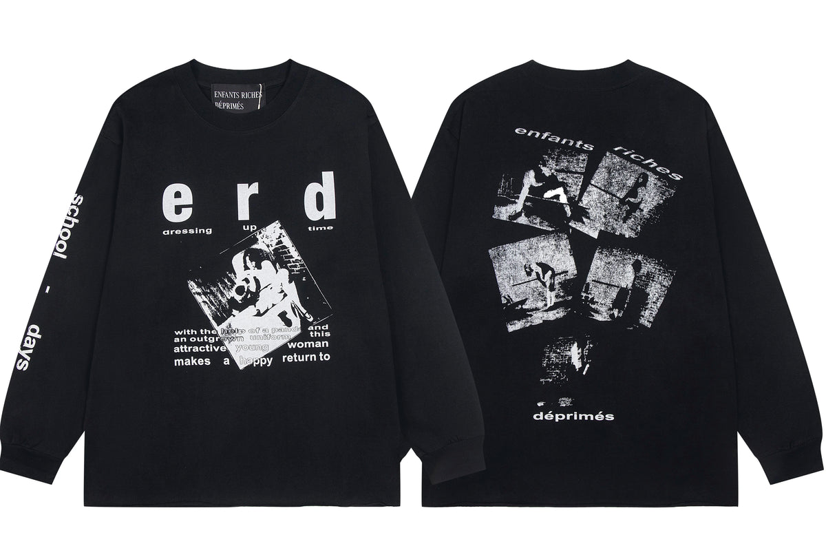 ERD Multi-Graphic Printed Long Sleeve T-Shirt (Black)
