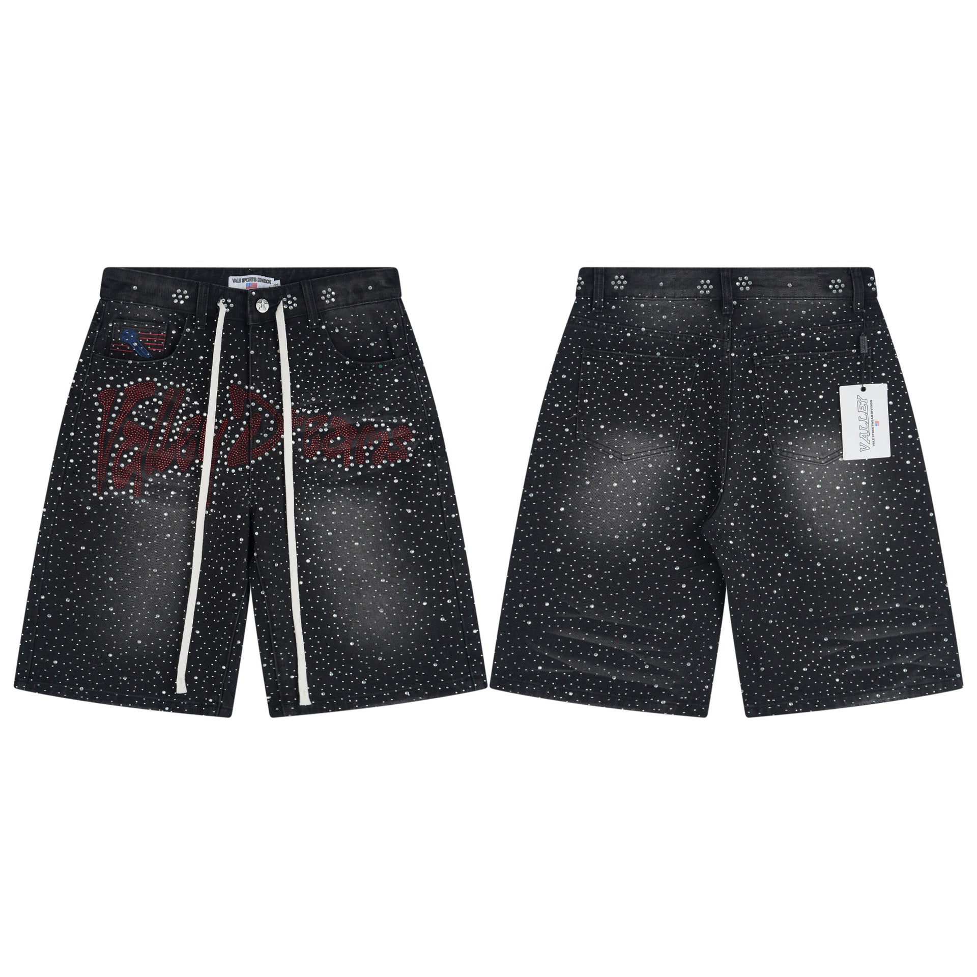 Vale Forever "Valley Dreams" Rhinestone Paint Splatter Denim Shorts (Washed Black / Red)