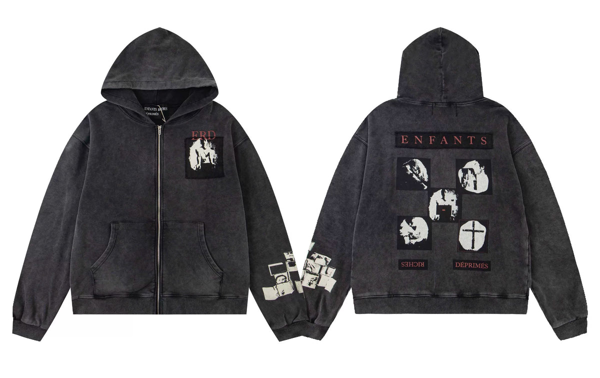 ERD Chest Patch Graphic Full-Zip Hoodie (Washed Black)