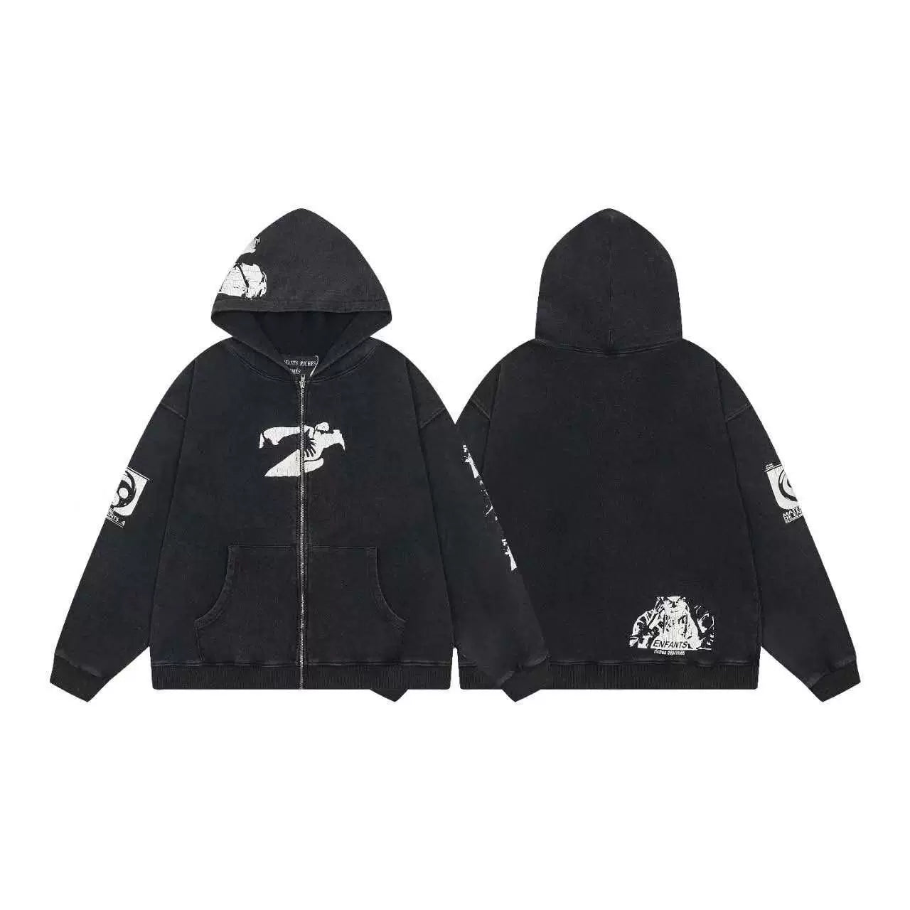ERD Monochromatic Multi-Graphic Full-Zip Hoodie (Washed Black)