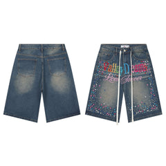 Vale Forever "Valley Dreams" Multi-Color Paint Splatter Denim Shorts (Washed Blue)
