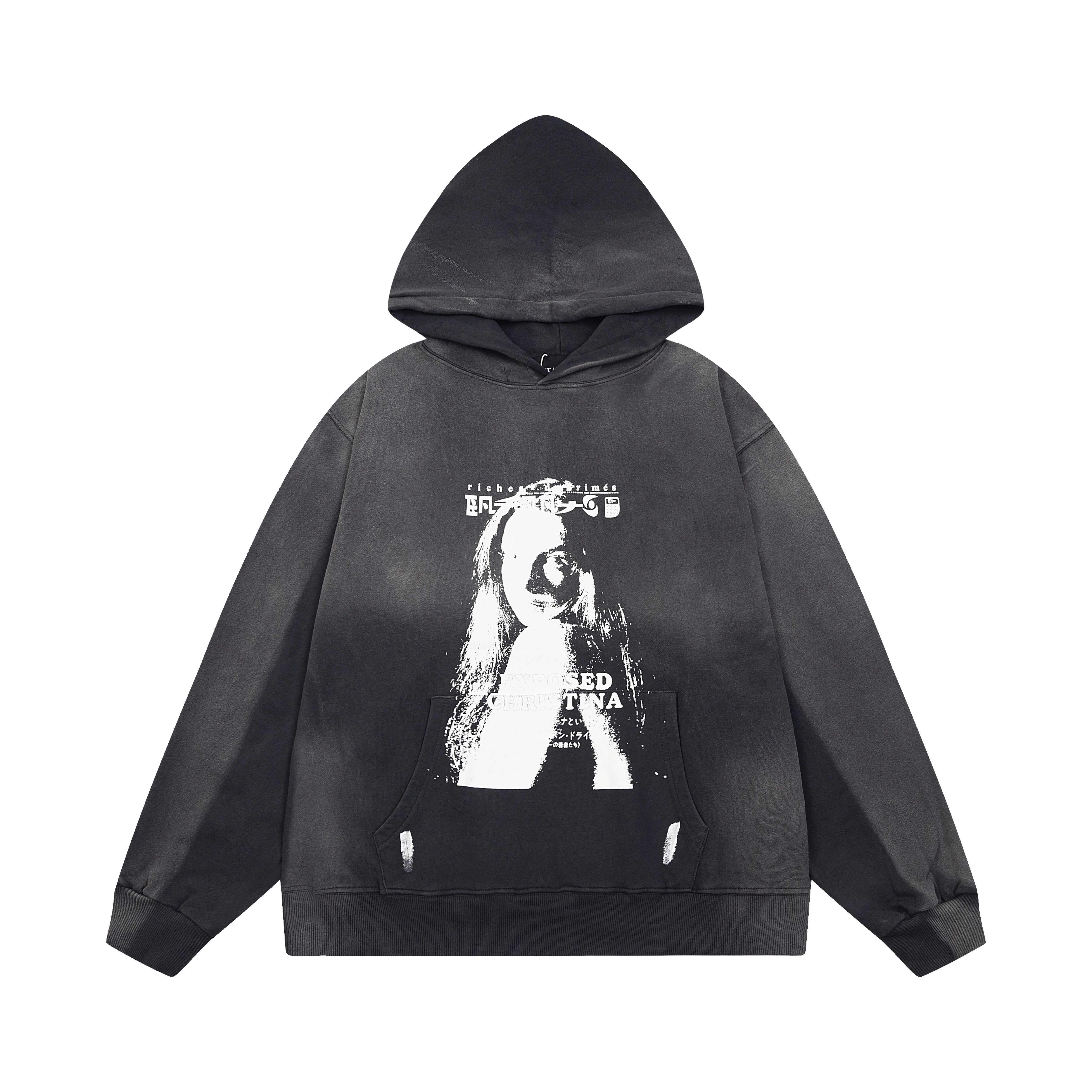 ERD Monochromatic Portrait Graphic Pullover Hoodie (Washed Black)