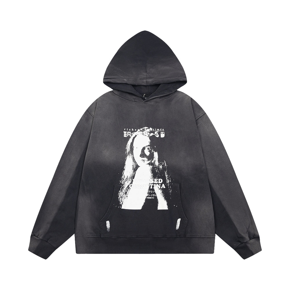 ERD Monochromatic Portrait Graphic Pullover Hoodie (Washed Black)