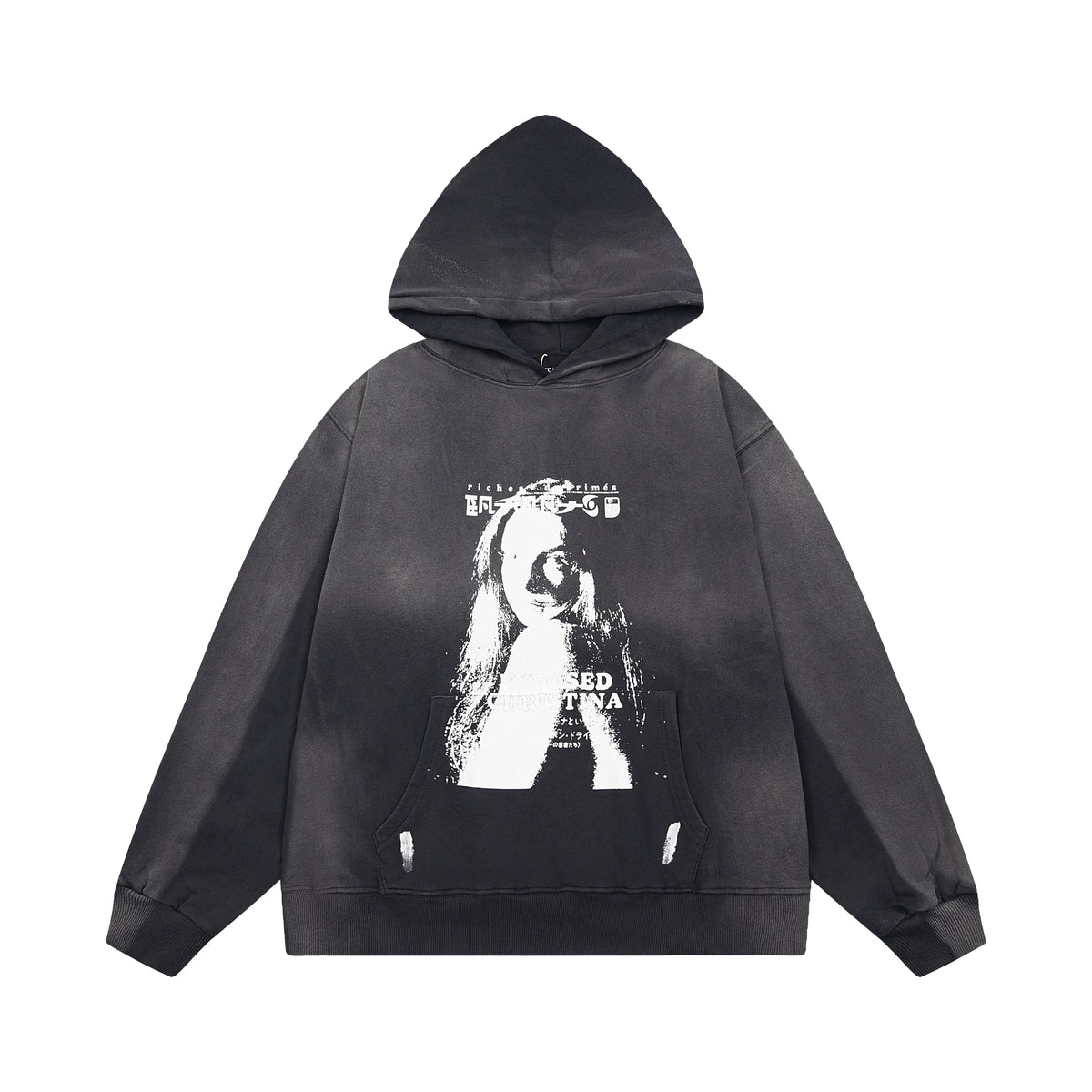 ERD Monochromatic Portrait Graphic Pullover Hoodie (Washed Black)